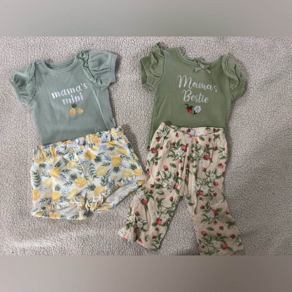 Green 'Momma's Bestie' Baby Outfit Set with Floral Pants and Lemon Shorts